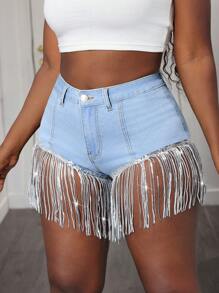 SHEIN Slayr Blue Denim Shorts For Women, Elastic Skinny Fit, Sexy Ripped Glitter Design, Fashion Summer - Blue - View 5