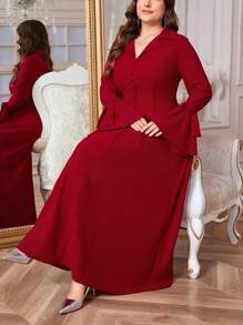 SHEIN Privé Damen Große Größen elegante Modest Kleider Tunika fließend V-Ausschnitt Rüschenärmel Schleife locker Kleid, Frühling/Herbst