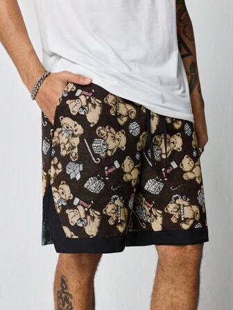 Street Life Shorts casuales para hombres con estampado de oso de dibujos animados y cordón en la cintura