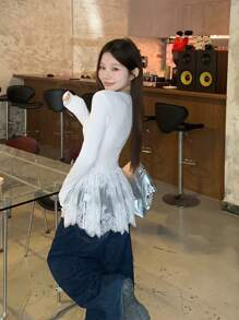 DAZY 女士圆领蕾丝拼接长袖纽扣前开襟简约休闲上衣，日常穿着，秋季女装 - 白色 - 查看 5