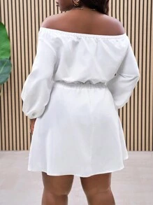 Slaydiva Vestido casual de playa blanco todo a juego de talla grande con hombros descubiertos, cintura, línea A, bolsillos, adecuado para primavera/verano, versátil para uso diario - Blanco - Ver 2