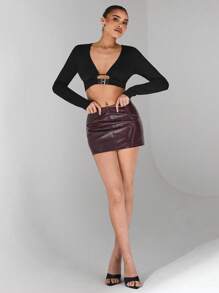 SHEIN Unity Black,Autumn,Elegant,Seksi Chic,Club Long Sleeve Crop Top,Stylish Summer Tops For Women,Perfect For Spring Vacation,College Students,Valentine's Day - Black - View 3