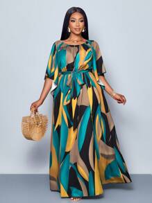 SOLERSUN New Spring And Summer Plus Size Resort Women's Casual Daily Wear Ruffle Sleeve Elastic Round Neck Waist Belt Slit Tropical Print Long Dress, Beach Outfits