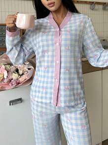 Sweet Bowknot & Plaid Pattern Women Pajama Set - Multicolor - View 6