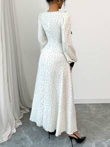 Modelyn 女士混合面料蝴蝶结圆点腰部褶皱 A 字长袖连衣裙 - 杏色 - 查看 2