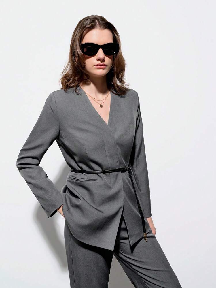 SHEIN Maija Spring And Summer New Style Gray Belted Woven Women's Suit Blazer Jacket, Urban, Modern, Elegant, Daily Casual Commuting, Suitable For Going Out, Holiday, Holiday Party, Wedding Date In Fall/Winter
