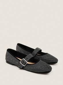 Muvela Women's Fashion Versatile INS Style Rhinestone Decor Round Toe Mary Jane Strap Flats - Black - View 2