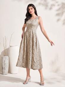 Modelyn Floral Zip Back Square Neck Dress Maxi Women Outfit - Khaki - View 4