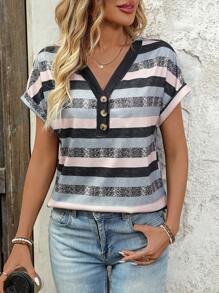 EMERY ROSE Camiseta con manga de murciélago y botones con estampado a rayas, camiseta gráfica para mujeres