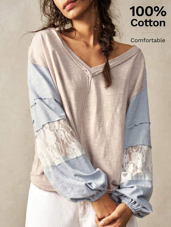 Bohemela Women's Casual Knit Patchwork V-Neck Lantern Sleeve Loose T-Shirt