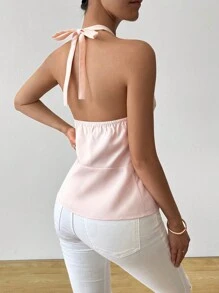 SHEIN Clasi 蝴蝶结装饰纯色前扣无袖休闲简约衬衫 - 粉色 - 查看 2
