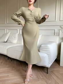 DAZY Vestido midi asimétrico drapeado liso para mujeres