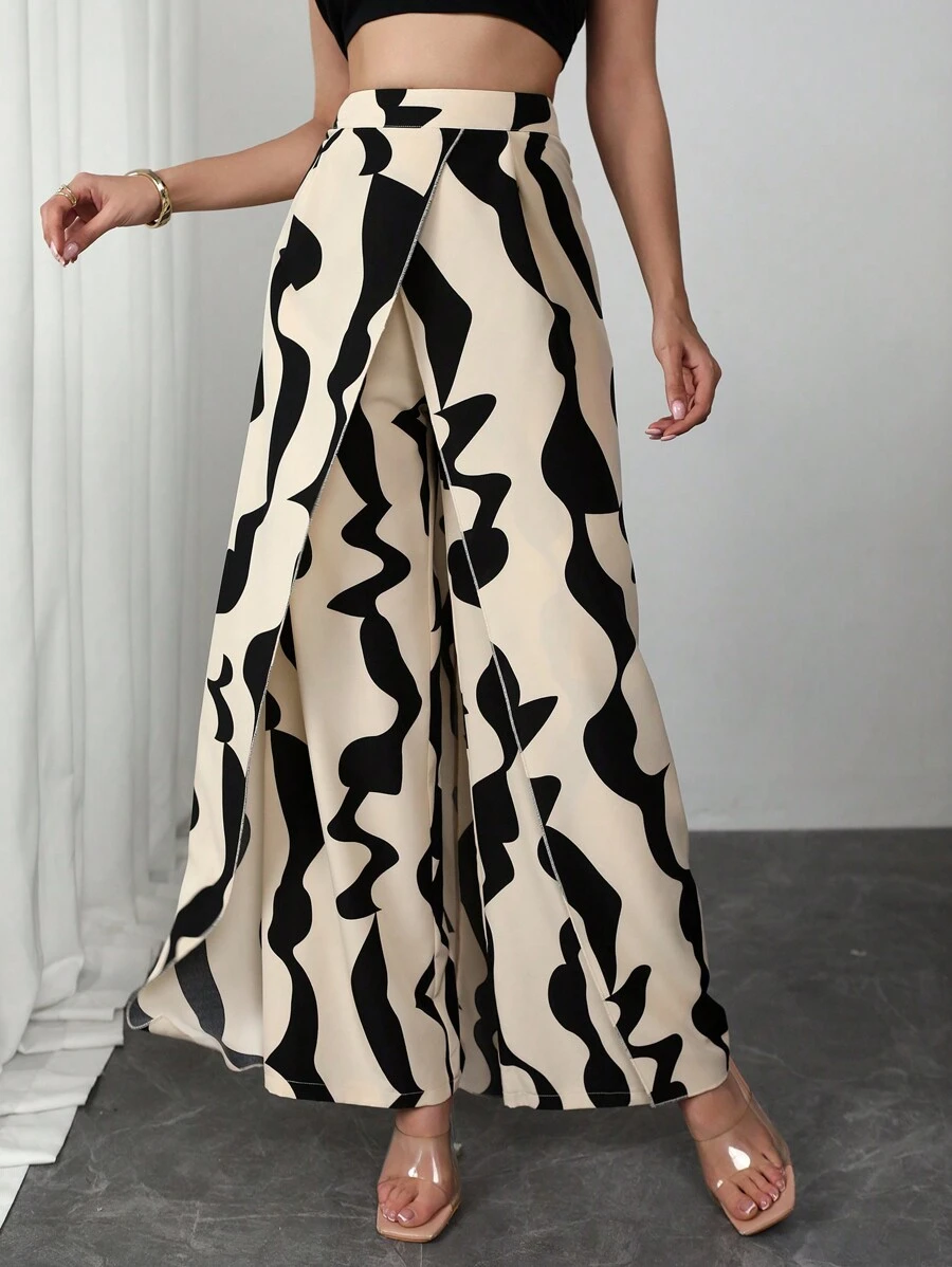 SHEIN Clasi Women's Versatile Geometric Printed Wrap Front & Back Palazzo Pants