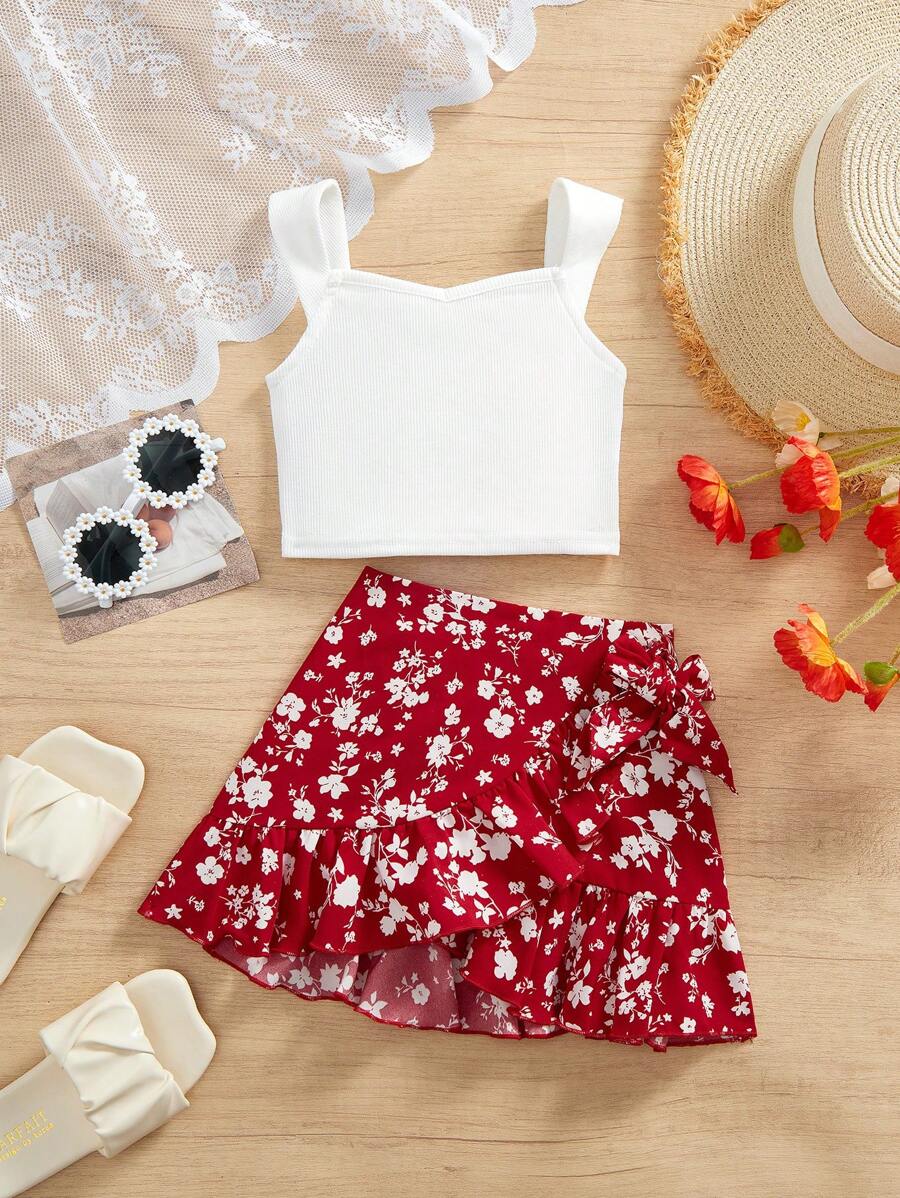 SHEIN 2件套女婴夏季可爱碎花图案百褶迷你裙和针织上衣套装 - 白色 - 查看 1