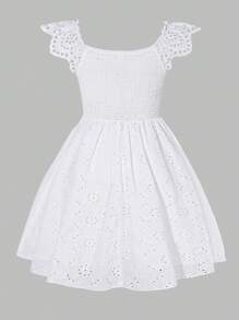 SHEIN Tween Girls Ruffles Sleeve Mid-Length White Cinched Waist Dress, Summer - White - View 2