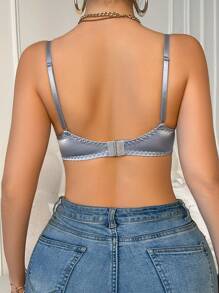 Lace Patchwork Grosgrain French Lingerie Bra For Women - Light Grey - View 2