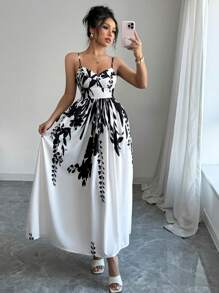 Chiquease Women's Asymmetrical Digital Print Spaghetti Strap Waisted Pleated Long Dress - Multicolor - View 3