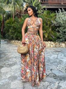 SHEIN SXY 女士露背系带花卉印花修身连衣裙 - 彩色 - 查看 2