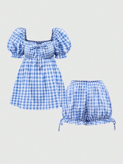 Kawaii Natural Rural Girl Style Plaid Puff Sleeve Doll Neck Pajama Set
