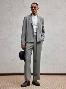 AKNOTIC Business Casual Loose Fit Knit Men's Casual Suit Set With Dropped Shoulders, Suitable For Daily Wear, Spring/Summer, Holiday, Party, Couple Outfit, Graduation Gift - Grey - View 1