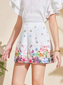 SHEIN Tween Girls Floral Print Pleated Casual Shorts, Suitable For Spring Outing, Vacation, Afternoon Tea In The Garden, Casual Outings, French Elegance, Mommy And Me Matching Outfits - White - View 4