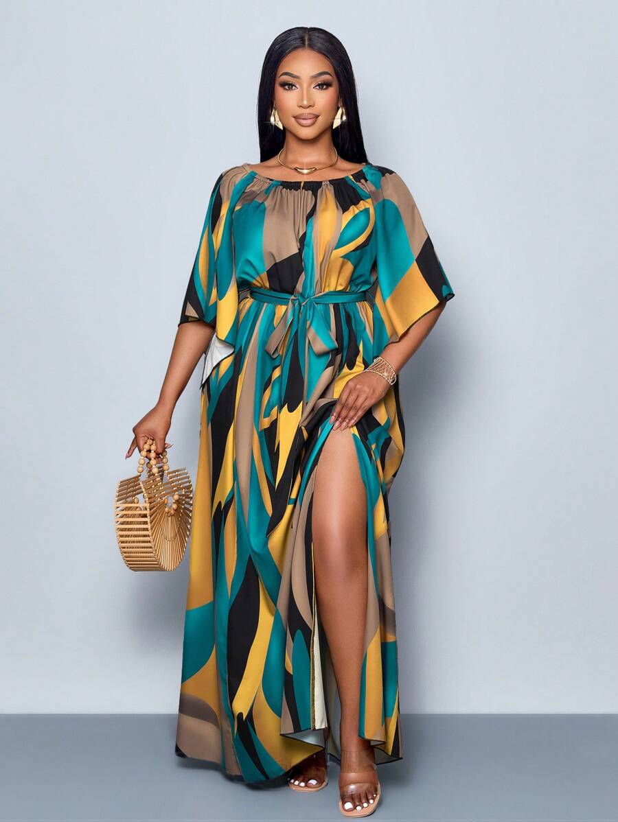 SOLERSUN New Spring And Summer Plus Size Resort Women's Casual Daily Wear Ruffle Sleeve Elastic Round Neck Waist Belt Slit Tropical Print Long Dress, Beach Outfits