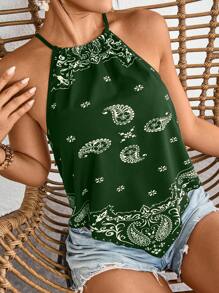 SHEIN VCAY 女士度假印花梭织背心，简约时尚休闲日常穿着，女士夏季装、沙滩装、复活节装、女士海滩装、春假装、度假装、音乐会装、狂欢节装、狂欢装、波西米亚风 - 綠色 - 查看 6