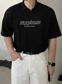 DAZY Camiseta polo de tela texturizada negra con estampado de letra, para verano - Negro - Ver 4