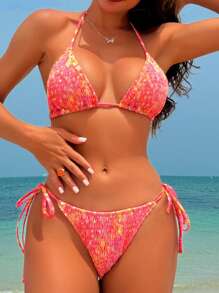 SHEIN Swim 2pcs Women's Ditsy Floral Bandeau Halter Bikini Set, Vacation Style Two-Piece Swimwear For Summer - Multicolor - View 1