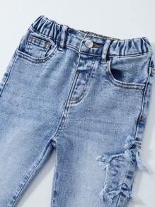 SHEIN Young Girls' Distressed Star Embroidered High Elasticity Flare Jeans With Ruffled Hem, Comfortable Cute Daily Wear, Light Wash Blue - Light Wash - View 5