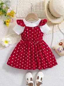 SHEIN 2pcs/Set Cute Summer Polka Dot Mesh Dress And Knit Top Outfit For Babygirl