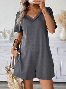 SHEIN LUNE Plus Size Women's Casual Romper With Pockets Summer Cozy Fit Chillax Slouchy Casual Style Relaxed Outfit Vacation Style Holiday Outfits Boho Bohemian Summer Clothes Women Summer Sets Women Clothes Women Plus Clothing Business Casual Women Plus Clothing Formal - Grey - View 1