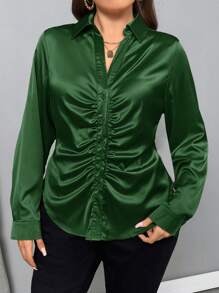 Firerie Plus Size Women Party Gold Elegant Solid Color Pleated Design Blouse - Dark Green - View 6