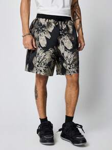 ROMWE MEN Goth Men's Front Tie Waist Print Splice Casual Shorts, Daily Leisure Wear Vacation