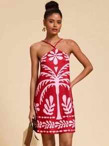 Travachic Vestido corto de punto con escote descubierto y estampado de palmeras para mujer