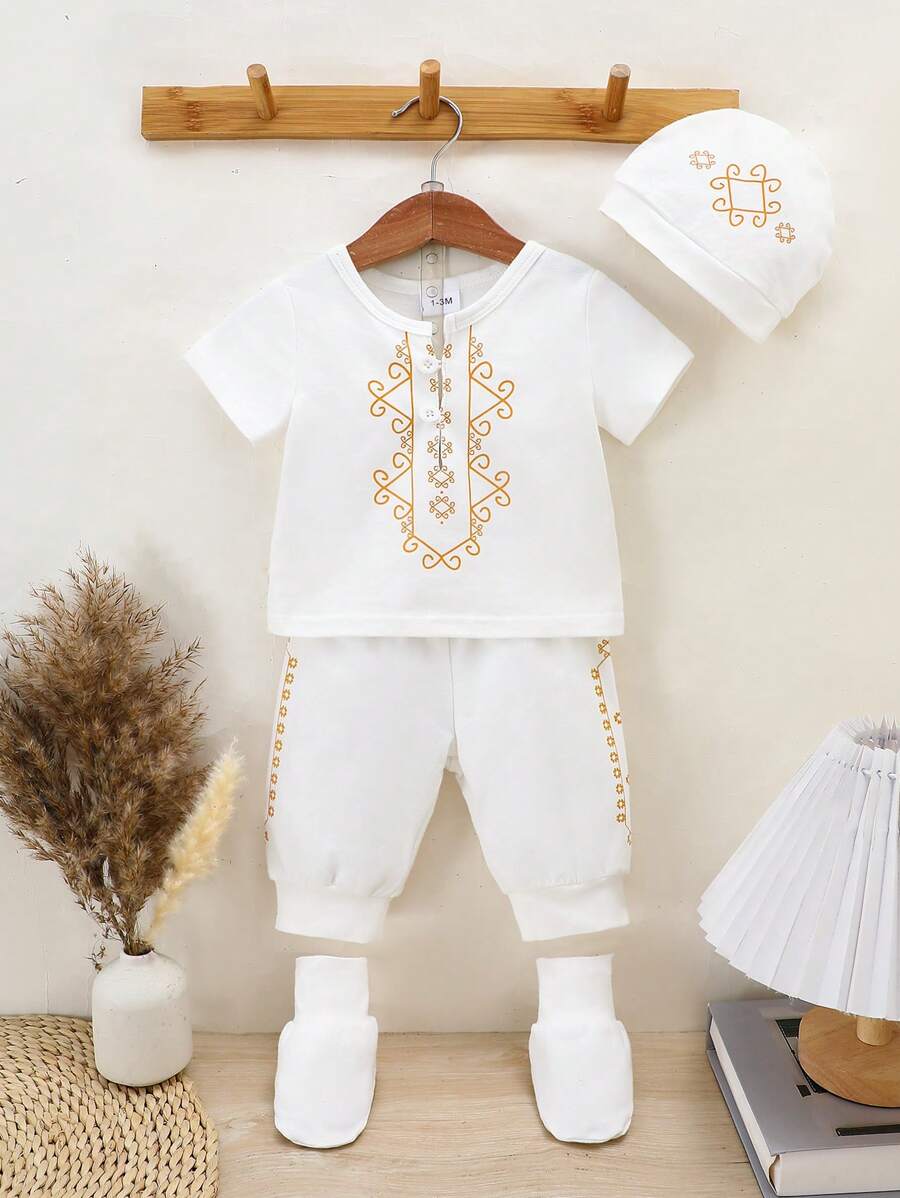 Newborn Baby Boy 4-Piece Summer Outfit Set, Including: 1pc Yellow Retro Print Short Sleeve Knit Top, Adjustable Waist Pants, Hat, And Foot Covers, Suitable For 1-9 Months Infants, Great For Daily Casual Wear And Outdoor Activities - White - View 1
