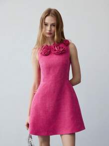 MOTF STUDIO 粗花呢立体花朵连衣裙 - 玫紅色 - 查看 5