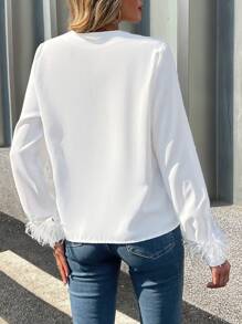 INAWLY Women Solid Color Fuzzy Patchwork Long Sleeve Casual Top Fall Cloth For Women - White - View 2