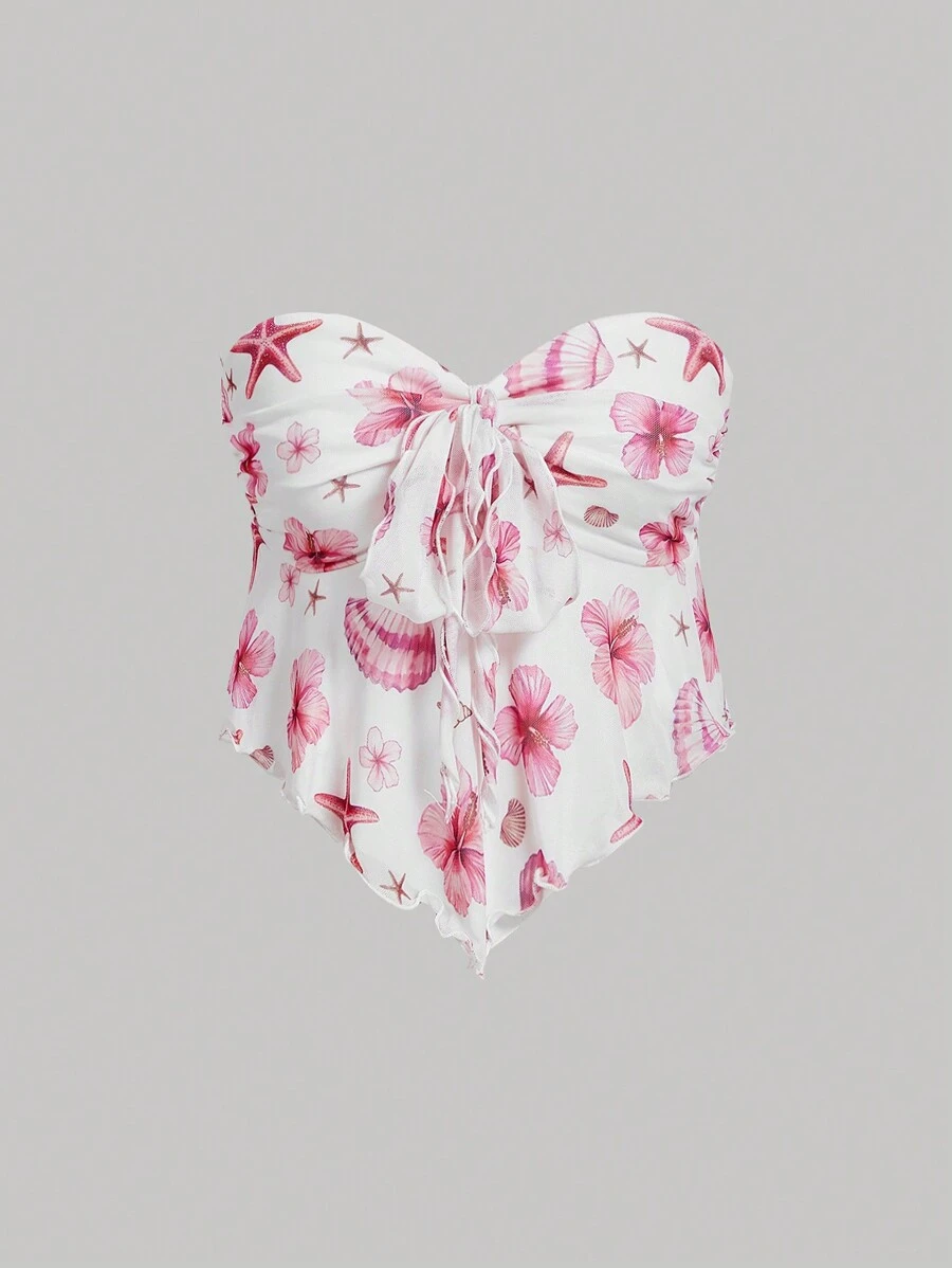 SHEIN MOD 正面蝴蝶结细节衬衫，带有花卉印花和荷叶边下摆，粉色、波西米亚风、浪漫、春天、热带、优雅、度假、飘逸、茶会、单身女郎、风骚、外出上衣