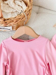 SHEIN Baby Girl Casual Floral Grey Crew Neck Ruched Long Sleeve Fitted Knit Top And Flare Pants Set, Suitable For Home Or Outdoor Wear - Pink - View 4