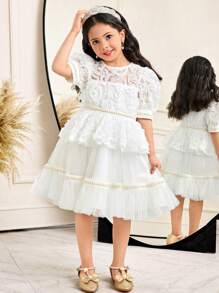 SHEIN Leap Crew Young Girl Gorgeous 3D Floral Lace Trim Decor Round Neck Mesh Overlay Dress - White - View 5