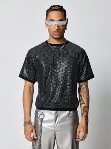 ROMWE MEN Street Life Men's Avant Round Neck Short Sleeve Casual Slim Fit Cropped T-Shirt - Black - View 7
