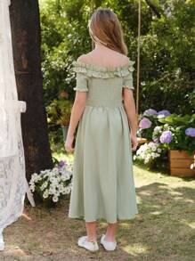 SHEIN Tween Girls Elegant Sage Green Summer Party Dress,Strapless Off Shoulder Tulle Puff Sleeve Bow Formal Short Dresses For Vacation Spring Wear - Green - View 2