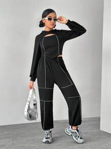 SHEIN Teen Girls Reflective Strip Black Pullover Hoodie & Sweatpants Set, Autumn Spring - Black - View 4