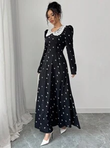 Modelyn 女士黑色印花编织拼布领长袖 A 字形系带优雅乡村风格连衣裙 - 黑色 - 查看 4