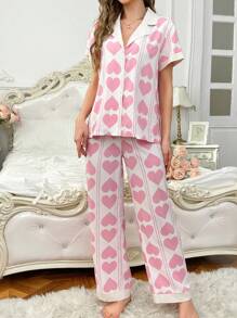 Women's Pink Heart Print Contrast Color Lapel Short Sleeve Top And Pants Pajama Set - Multicolor - View 6