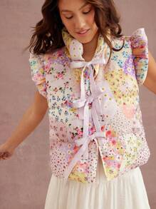 WESTFADE Winter Holiday Flower Print Cute Bow Front Puffer Vest Top 90s - Multicolor - View 3
