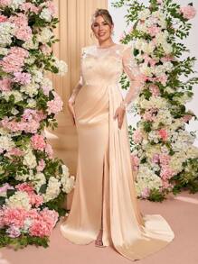 Glamrae Plus Size Champagne Elegant Floral Sequin Embroidery Patchwork Satin High Split Draped Luxury Formal Evening Gown, Wedding Guest Dress, Party Dress