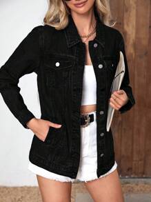 SHEIN PETITE Women's Casual Washed Denim Jacket, Autumn
