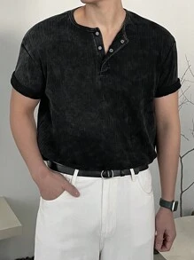 DAZY Men's Ribbed V-Neck Pullover, Distressed Design, Summer Business Attire - Dark Grey - View 3